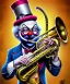 Placeholder: mechanoid old friendly fat clown with trimmed beard playing jazz with a steampunk theme, trumpet, realistic