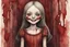 Placeholder: body anormal, smile blood, girl cute, watercolor illustration by <John Kenn Mortensen>, darkred tones,