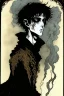 Placeholder: 17 year old boy, necromancer, friendly, looks dead, surrounded by weird smoke with eyes, wearing black robes, in the style of Harry Clarke