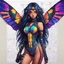 Placeholder: long hair, with detailed blueprints and engineering schematics of a walking hybrid Madagascan sunset moth insect girl, in anime style, drawings, 8k, vibrant natural colors, tight bodysuit, white skin, wings above sholder