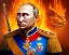 Placeholder: evil Russia president satan fangs Vladimir Putin, Moscow in fire