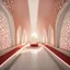 Placeholder: interior design neo modern building inspired by Iranian architecture,city of Shiraz.3d render style , yazd ,Muqarnas architectural,photography, perspective, interior space, vertical light panels transition from white to red hues, creating an ethereal gradient effect, modernism, expert, with a minimalist organic texture, used camera is Sony α7R IV, paired with a