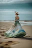 Placeholder: woman wearing a ball gown on the beach in the style of monet