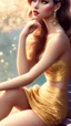 Placeholder: pin up girl, sitting on a bench with perfect legs, mini skirt, smooth delicate skin, soft light, long silky golden hair, fantasy outfit, slight smile, intricate, detailed face, concept art, digital painting, digital art, WLOP and Artgerm art, masterpiece