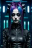 Placeholder: cyber-goth woman in black makeup, full cyber-goth clothes with matrix style, utopistic scifi, dark colors, fashion, random background, high detailed, high realistic