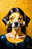 Placeholder: Woman in a dog muzzle who thinks she's a man; Surrealistic painting inspired by Klimt and Hundertwasser; Golden Hour; Exquisitely Detailed
