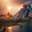 Placeholder: Chichen Itza, sunset, rainbow sunset, waterfall, palms, twigs, spring, sunset rainbow, bridge birds, unreal engine 5, cinematic lighting, realistic, hyper detailed, 8k, octane render