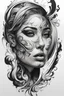 Placeholder: A realistic drawing in negative space black ink on white background of a beautiful women with abstract brushstrokes face tattoos to enhance her face in a mirror baroque