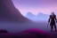 Placeholder: dark elf man, drizzt, pink eye, fantasy, far away, sunset, mystic, fog render unreal, cave exit, mountain, 2 scimitars, big landscape