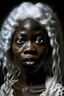 Placeholder: A woman with very beautiful dark skin with white lenses that fit into her Halloween disguise. She died a shaggy white hair filled with dirty blood.