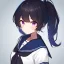 Placeholder: Clear focus, High resolution, short black fluffy hair, long locks, chopped bangs, pony tail, purple eyes, wearing a sailor uniform, (solo), rough line sketch