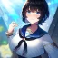 Placeholder: Clear focus,High resolution, Black short fluffy hair, and blue eyes, wearing a sailor uiform, on a deserted island, crying, Star magic