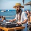 Placeholder: A short brown beard DJ with a hat on his head, sing at microphone, many electronic consoles around, seaside, FRONT VIEW