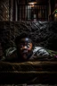 Placeholder: A scared black child lurking scarely over the edge of his bed. His bed is balanced on bricks at all four corners, under the bed is a small, mischievous spirit