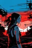 Placeholder: Dark outline line art anime style of a silhouette of a cyberpunk-inspired woman standing in front of a landscape shot of an active war zone with distant explosions, light black and red long hair, light blue eyes, short red and white tank top, (looking intently at viewer), (viewer from low ground level view with focus on eyes), (inspired by Cyberpunk mixed with Fate: Grand Order), (vibrant colors with dark outlines and shadows), (explosions and smoke in synthwave background), (giant planet in far