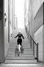 Placeholder: girl runs on the stairs, greyscale