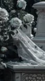 Placeholder: A grave above it a white lace scarf and white roses. Cinematic picture