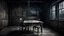 Placeholder: Bizarre dark surrealism, psychological thriller atmosphere. An crepy empty room without windows and doors just one table wit one chair. close up the camera a single gaunt human-like thin figure with pale skin, tightly sewn-shut mouth with black thread stitches across the lips and large sunken lifeless eyes sits alone on one old wooden chair at a big dining table. The table is overflowing with untouched colorful food: roasted meats, pasta, pizza, soup, cakes, fruit, bread and wine. surreal