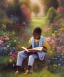 Placeholder: Abstract painting wealthy young african American boy reading in garden