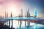 Placeholder: Dreamlike Skyline of Downtown futuristic hightech city in 4050 and a stunning futuristic Bridge During Sunlight with dark grey clouds in sky, over the azur-silver color river, cold colors, come storm, high detalied, sci-fi, landscape