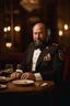 Placeholder: half figure shot photography of a 42 years old serious sicilian waiter in uniform, similar to Bud Spencer, shaved hair, muscular bearded chubby man with hands in the pockets, in an elegant empty restaurant, bulge, bullneck, manly chest, unshaved, short hair, photorealistic, dim light , side light, view from the ground