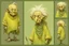 Placeholder: Artist Jean-Baptiste Monge style. A biomorph banana-headed old woman. White eyes. A yellow dotted green furry feathered fluffy dress.