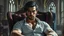 Placeholder: An epic dark fantasy oil painting of a handsome muscular nobleman seated in a luxurious Victorian armchair inside an ancient Gothic castle. Around 35 years old, with dark shoulder-length hair, a strong jawline, subtle beard, and piercing eyes locked directly on the viewer. His white shirt hangs partially open , in the background in victorian dress a vampire voman' blur shadow stands, deep colors, detalied, mystic, stunning