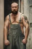 Placeholder: full figure photo, burly big chubby russian plumber, dirty, ripped overalls, 33 years old, crossed arms, shaved, short beard, manly chest, virile, arms, ugly, big thighs, under the flushing shower, sunlight , photorealistic, 35mm lens, ultra detailed