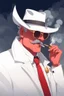 Placeholder: An old very red crimson devil wearing a white and gold police comisioner outfit, he is also wearing glasses, he has a white scruffy mustache, and a small black fedora, he also smoking a cig.