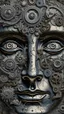 Placeholder: Bosch style painting , A balled face in details . The texture of the face is a collage of many 3D gray metallic clock gears and screws covering the whole face and the eyes are covered by caves figures