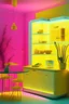 Placeholder: Kitchen, yellow walls, transparent glass furniture, modern, LED pink lighting, modern art, cool vibes, yellow fridge, aquarium