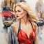 Placeholder: Full portrait "watercolor painting of a beautiful woman dressed with red dress, blond hair,,walking at the city. vivid colors, ink , splash art, Watercolor Paint drips. Sharp focus Bright, bold realistic colours Hyper-detailed"