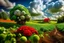 Placeholder: lifelike photography, vegetable and fruit landscape, broccoli forest, chive field, cauliflower sheep, orange sun, whipped milk clouds, raspberry flowers, cheese barn and haystack in sunshine, surrealistic