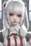 Placeholder: realistic 4k, white hair bangs , high piggy tails, red eyes,