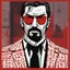 Placeholder: a young man with big muscles who looks like hans gruber wearing a turtleneck and red sunglasses staring with an angry look on his face