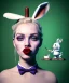 Placeholder: Ultra realistic portrait, wonderland party club, wide-angle lens, couple, cinematic, happy blonde woman smoking a pipe, accompanied by elegant anthropomorphic white rabbit, circus dress style, old school tattoo, laughter, smoke, marijuana and mushrooms background, glow eyes, perfect iris, soft color, highly detailed, unreal engine 5, ray tracing, RTX, lumen lighting, ultra detail, volumetric lighting, high definition.