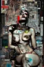 Placeholder: Ultra detailed medium portrait painting of a half naked woman sitting on a chair, bended over, dark room with little light coming from an open door behind her, torn up collage of clippings, broken circuitry background, matrix effects, punk visual art, punk art aesthetic, graffiti art, pop surrealism, collage art, cluttered paint glitches