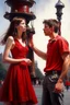 Placeholder: A girl collides with a young man and he catches her in the middle of the road and they look at each other with the bells around them ringing, the girl wears a short red dress exposed from the shoulders, and the young man wears jeans and catches an oil painting Photorealistic Behind them is a tower containing a big bell