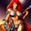 Placeholder: ultra detailed fullbody portrait of busty beautiful Red Sonja riding a Big Tiger , extremely detailed digital painting, intrincate, extremely detailed smiling face,crystal clear Big Green eyes, in the style of Fred Benes,mystical colors,perfectly centered image, perfect composition, rim light, beautiful lighting,8k, stunning scene, raytracing