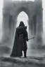 Placeholder: A mysterious knight, hooded and cloaked, stands at the entrance of an ancient, dilapidated castle. The castle looms in the background, shrouded in mist and surrounded by an air of foreboding. [Mysterious Knight, Hooded and Cloaked, Ancient Castle, Dilapidated Structure, Misty Atmosphere, Foreboding Presence]