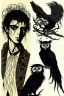 Placeholder: Black singed,black haired young man, warlock,with feathery owl-like hair, owl legs, owl faced, in the style of Harry Clarke,