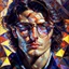 Placeholder: attractive young male wizard, trigonometric manganese Leonid Afremov style, detailed gorgeous face, fancy sunglasses, geometric Rubens on helium influence, hypermaximalist beautiful photorealistic detailed intricate eyes by Tom Blackwell, centered, symmetry, painted, intricate, volumetric lighting, beautiful, rich deep colors masterpiece, sharp focus, ultra detailed, in the style of dan mumford and marc simonetti, astrophotography Modifiers: fantasy cinematic lighting photorealistic ultra detai