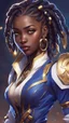 Placeholder: sci-fi, arcane animation series style, league of legends, Solo, 1girl, attractive female with freckles, african, dark skin, golden eyes, dark hair, braided dreadlocks, earrings, makeup, (detailed skin texture), white and indigo-blue suit