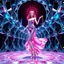 Placeholder: very complex structure ,pretty viberating color environment 3d metalic and crystal recursive animating beveled geometric base very complex structure future world evolving background and goddess realistic modern lady in pretty cleric dress comes out dancing gracefully , viberating color moving very in modern city escap environment while camera tracking it.