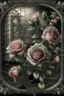 Placeholder: 63. beautiful landscape elegant blooming pink roses and daisies, lots of greenery, sequins, dew filigree, smoke fractal, spiral space outside the window, hyperrealism, glitter, glare, hyperdetalization. vintage, inlaid outline in black pencil, aesthetically pleasing, beautiful, realistic, high resolution, high detail