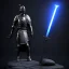 Placeholder: large black stone statue of a knight in a dark dungeon, holding a sword that's pointing up and glowing blue