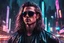 Placeholder: A thin Zack Efron frontal wearing sunglasses, very long hair and a leather jacket, looking downward futuristic dark rainy city clair-obscur background, Blurry photo-realistic synthwave, darksynth, retrowave, Syd Mead style