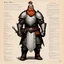 Placeholder: character concept sheet with AD&D statistics and characteristics, [illustration by René Gruau] a dwarf cleric in heavy armour and his mace