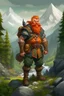 Placeholder: Realistisches Bild von einem DnD Charakters. Männlicher Zwerg mit orangenen Haaren. Er steht im Wald mit Bergen im Hintergrund. Er ist ein Jäger mit einer Armbrust.
