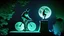 Placeholder: evening, in the moonlight, the shadow of a man on a bicycle , statue of a phosphorescent musical note